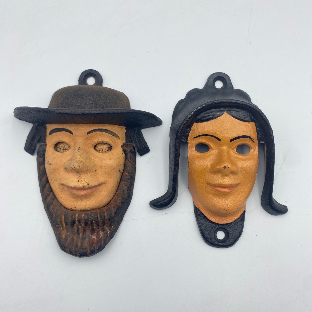 Vintage Amish Couple Cast Iron Wall Mount Bottle Opener Set Moving Eyes Painted
